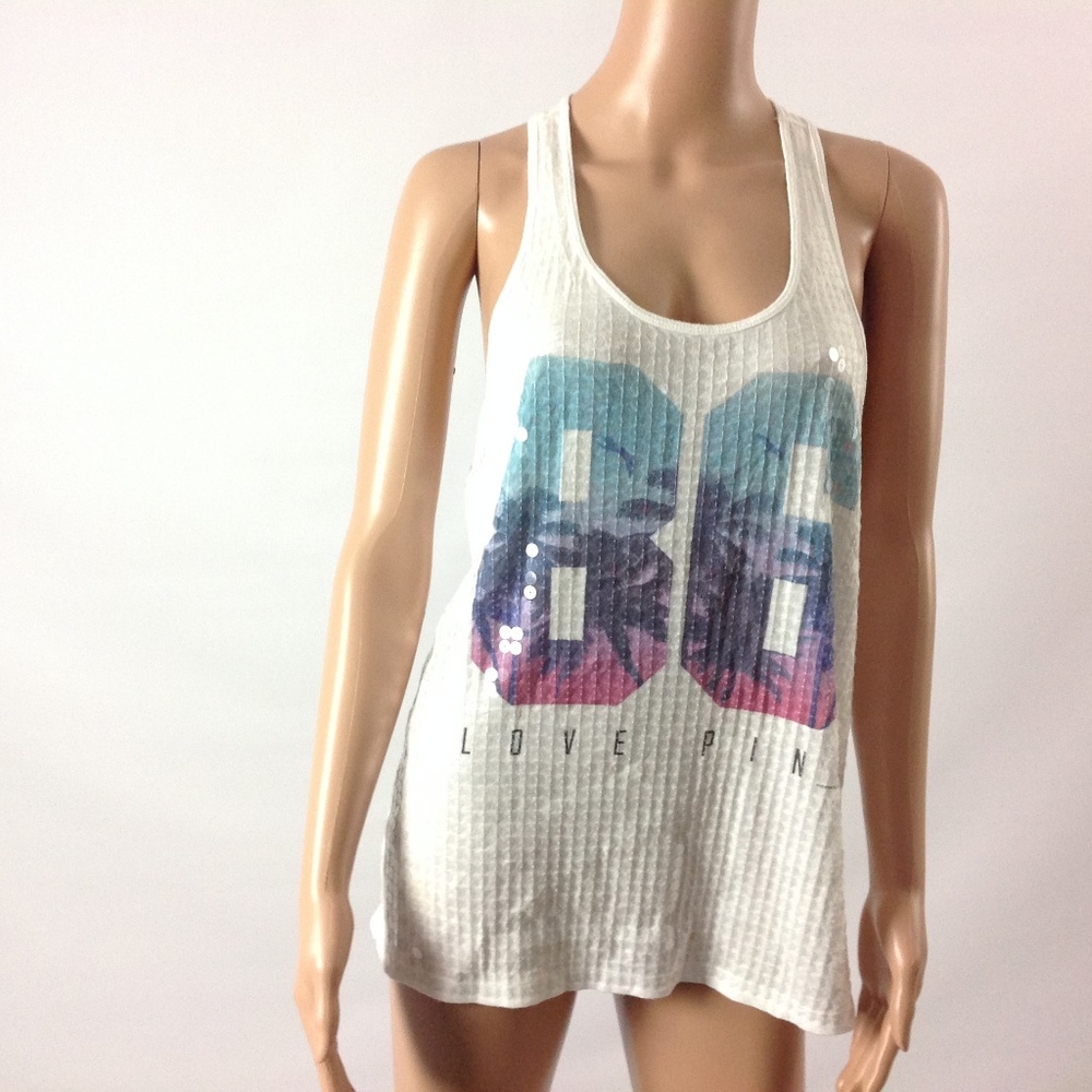 PINK Victoria's Secret White Tank Top with Blue-Purple-Pink Ombre '86' Graphic